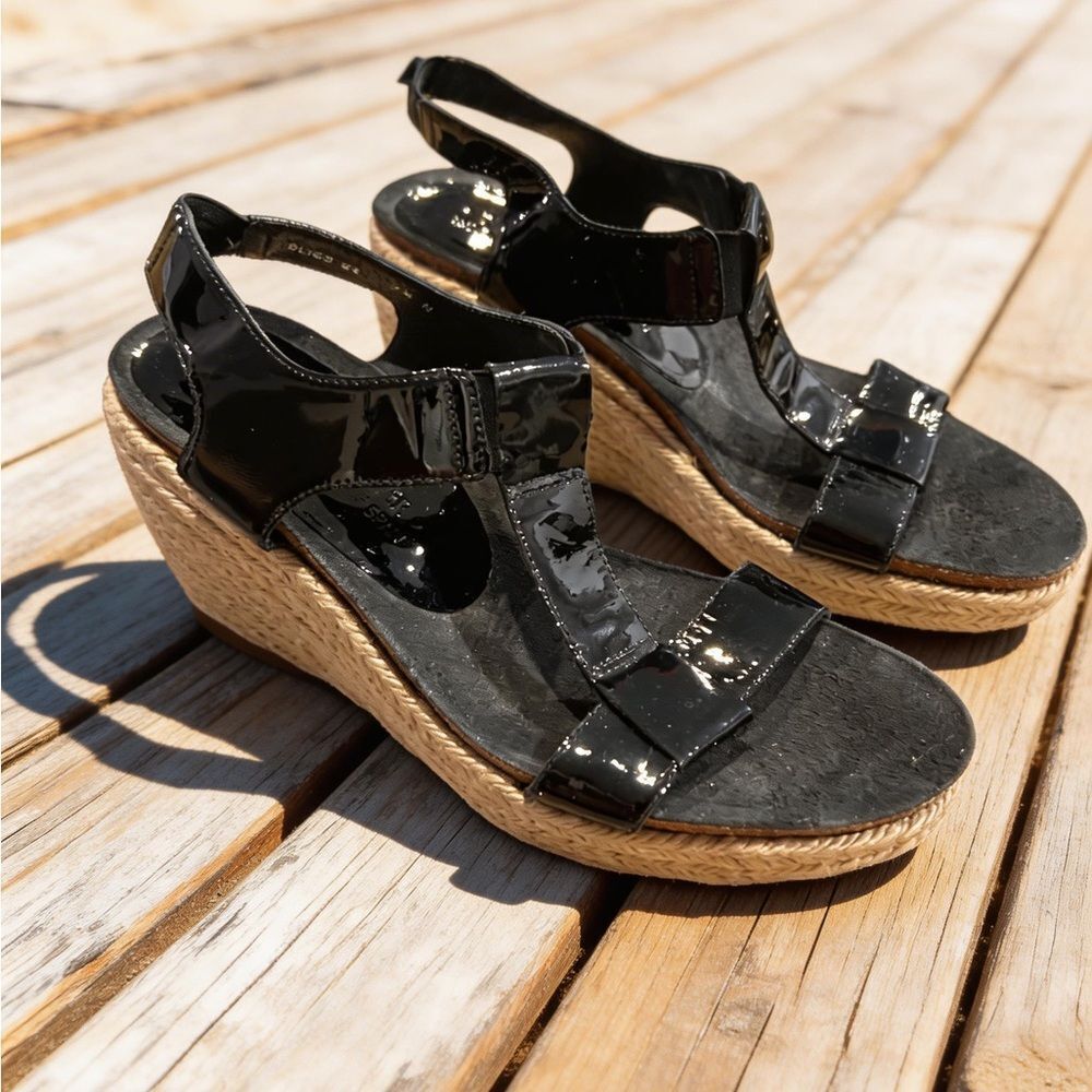 DONALD J PLINER WOMENS BLACK PATENT LEATHER STYLE WEDGE ESPADRILLES SIZE 7.5 N